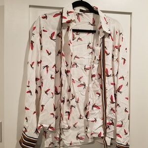 Zara Womens Bird Themed Button Down Shirt w/ bow